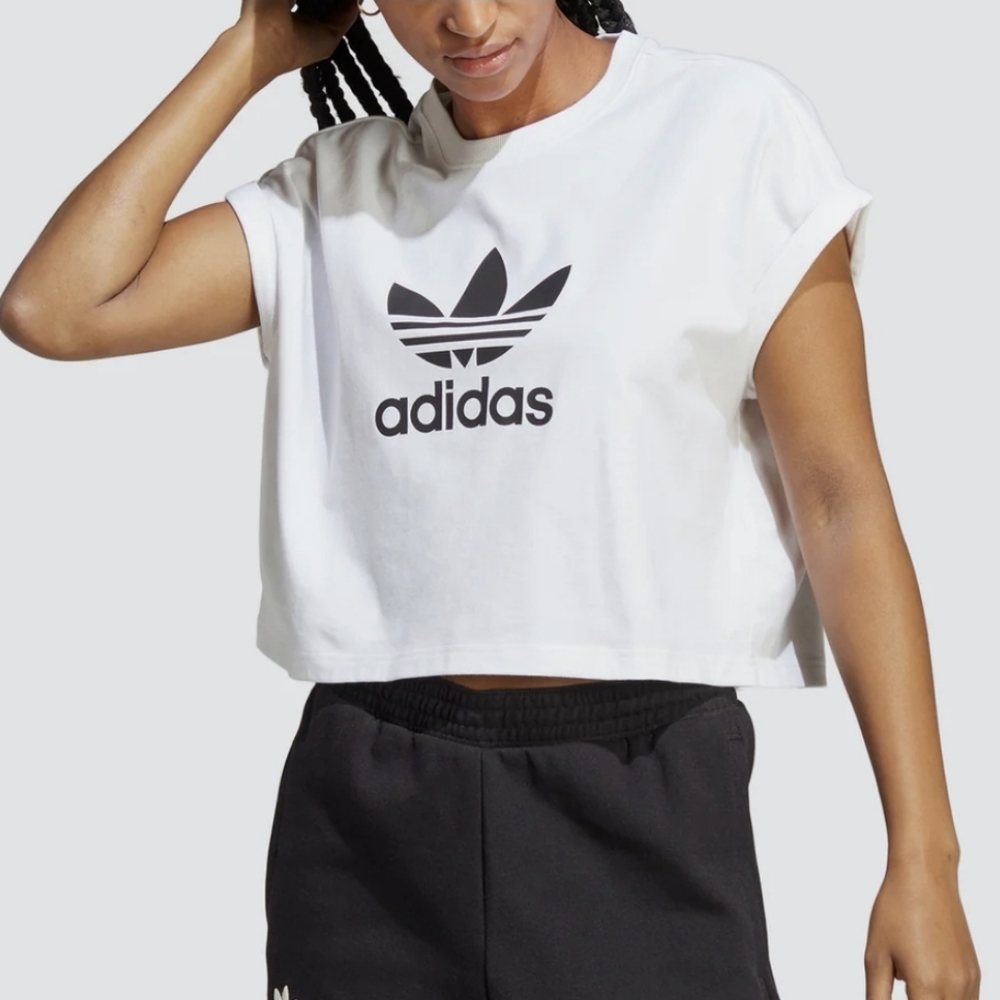 White Adidas Crop Top T Shirt Medium Boxy Oversized